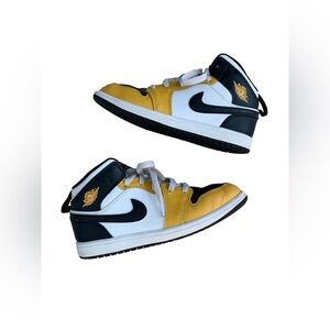 Nike Big Kid Size 3 Youth Air Jordan 1 Mid Sneakers in Black White, Yellow Ochre